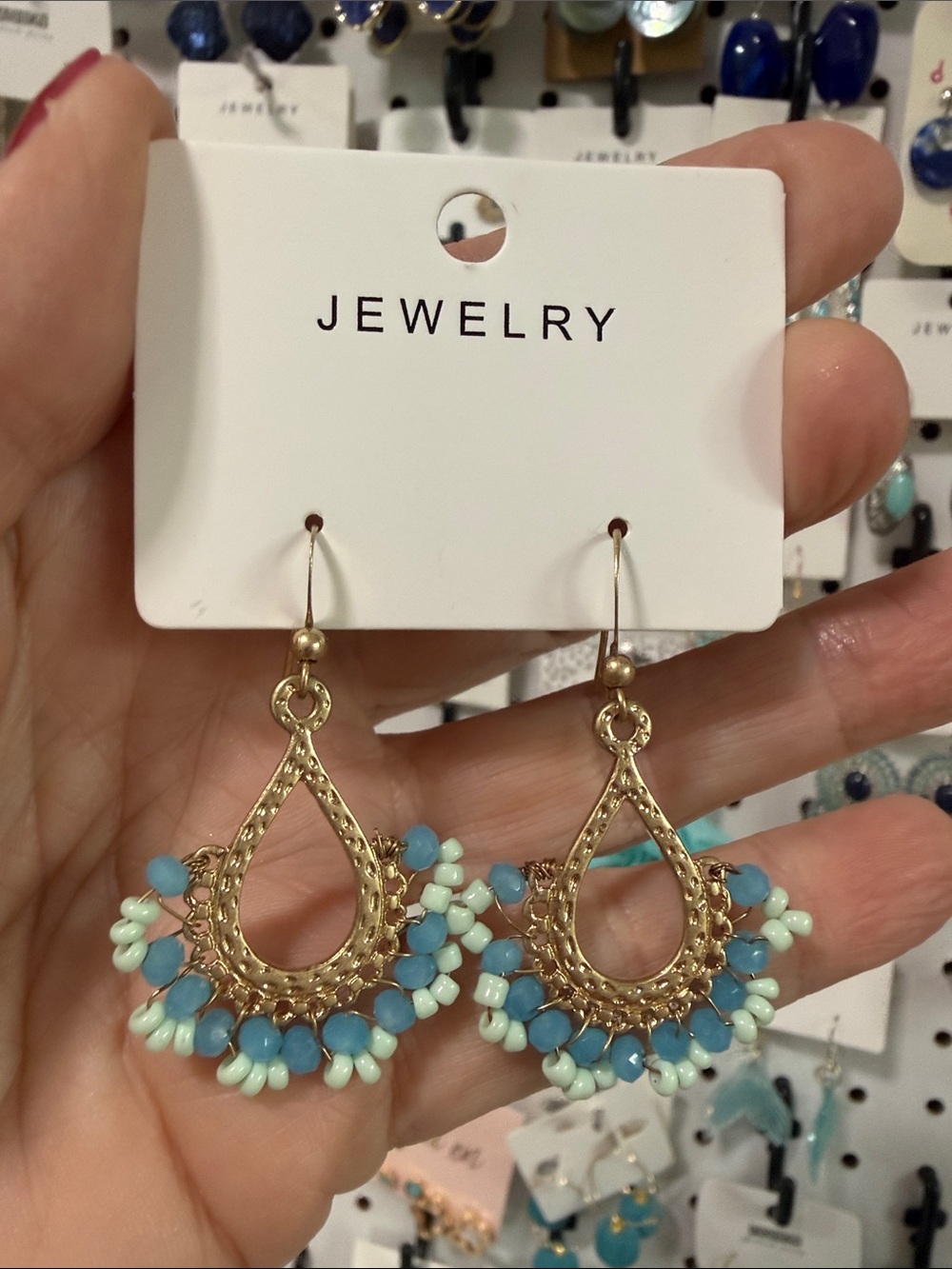 HAND-BEADED TEARDROP DANGLE HOOK EARRINGS AQUA GOLD LT GREEN HIPPIE FESTIVAL NEW